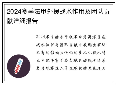 2024赛季法甲外援战术作用及团队贡献详细报告